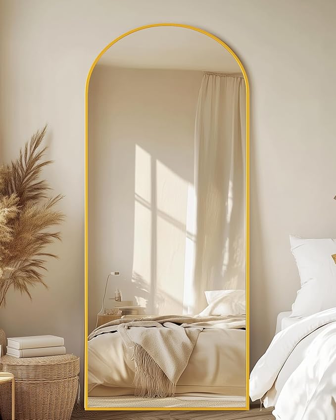 Full-Length Floor Mirror with Stand, 58"x18" Arched Style Full Body Standing Mirror for Bedroom, Living Room, Gym, Dorm - Shatter-Resistant & Easy Assembly, Gold-DeskLoop Office