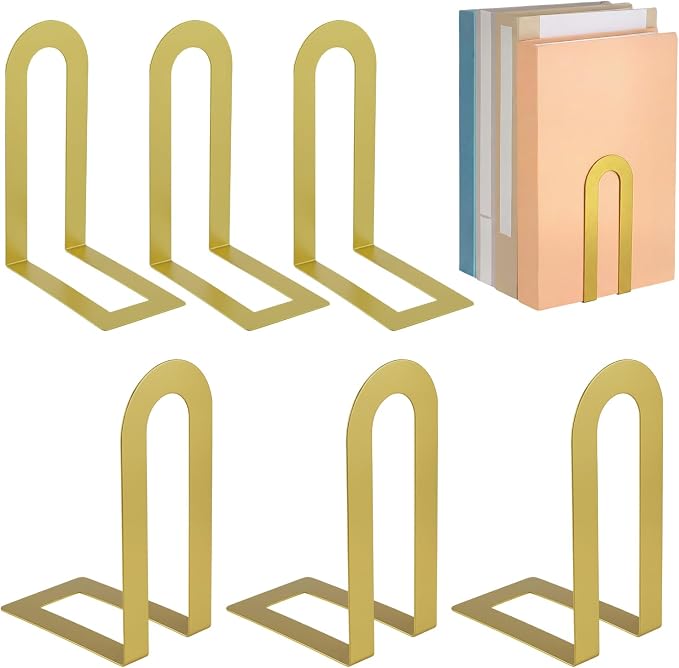 Chunful 6 Pcs Gold Book Ends for Shelves Decorative Small Modern Metal Bookends by Chunful