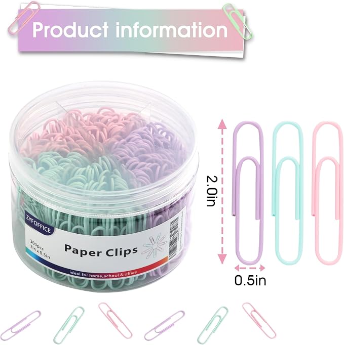Pastel Jumbo Paper Clips, 2 Inch | 300pcs, Soft Color Clips, - Image 2