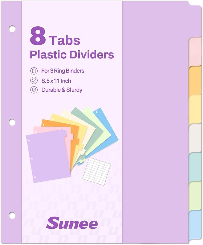 SUNEE 8 Tab Binder Dividers, Plastic Dividers by SUNEE
