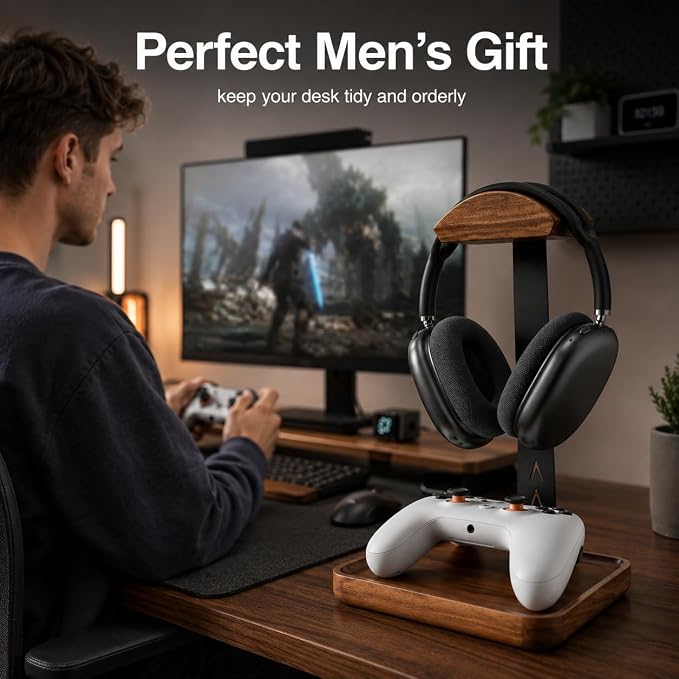 GEVO Headphone Stand, Walnut Wood Headset Stand - Image 3