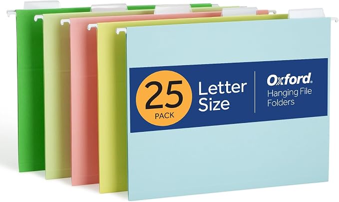 Oxford Hanging File Folders, 25 Pack, Letter Size, 5 Pastel Colors, 5 Tab by Oxford