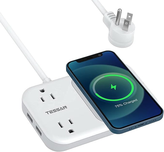 Wireless Charger Small Power Strip 2 USB A Ports, TESSAN Mini Flat Plug Nightstand Desktop Charging Station with 2 Outlet 4 ft Extension Cord, Compatible with iPhone and Samsung for Dorm Room Cruise