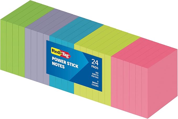 Redi-Tag Sticky Notes, Power Stick Notes, Adhesive Reminders, 3" x 3" Reusable Notes, Strong Adhesive Memos, Assorted Bright Colors, 24 Pack (1000978)-DeskLoop Office