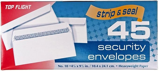 Top Flight Number 10 Boxed Security Envelopes, Strip and Seal Closure, 4 1/8 x by Top+Flight