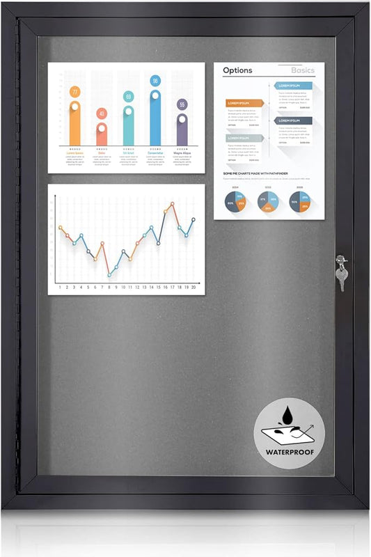 Enclosed Bulletin Board Outdoor Noticeboard with Locking Door, Weather-Resistant, Grey Felt, Black Aluminum Frame, 36 x 24 in-DeskLoop Office
