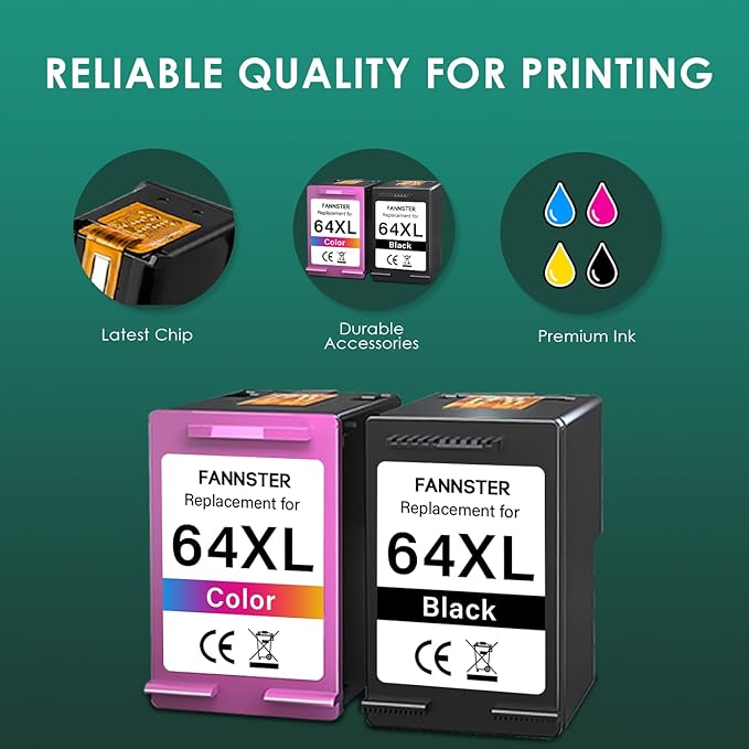 64XL Ink Cartridge for HP Ink 64 XL 64XL Black and Color Combo Pack High Yield Replacement for HP Printers 7858 7855 7120 7155 7158 7164 6255 6252 6232 Envy Inspire 7955e Tango X Printers Combo-DeskLoop Office