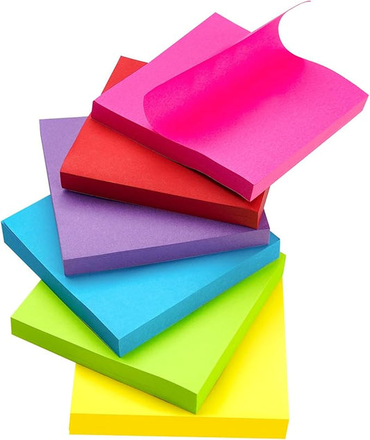 (6 Pack) Sticky Notes Pads,600 Super Adhesive Sticky Notes,3 x 3 Self Sticky Pads,600 Sheets Bulk Notepads,6 Colors Notes Post,Bright Colors Sticky Notepads Easy to Post for Office,Home,School-DeskLoop Office