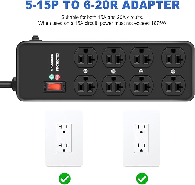 20Amp Power Strip Surge Protector, Durable Metal 8-Outlet with Heavy Duty 20 Amp 6Ft 12 Gauge Extension Cord, for Garage, Workshop & Industrial Use with 6-20R T-Slot Outlets, 4800J-DeskLoop Office