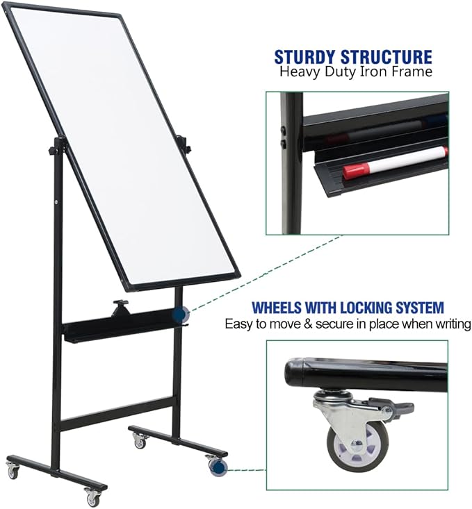 40" x 28" Double-Sided Mobile Whiteboard with Wheels | Rolling Magnetic Dry Erase Board on Stand | Adjustable Height Black Frame White Board for Office, Classroom & Home-DeskLoop Office