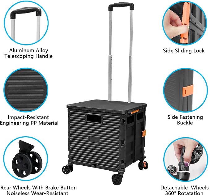 FELICON SELORSS Foldable Utility Cart Folding Portable Rolling Crate-Black | - Image 2