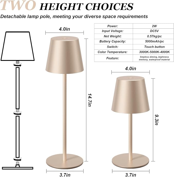 Kakanuo Champagne Gold Cordless Table Lamp Rechargeable - Image 5