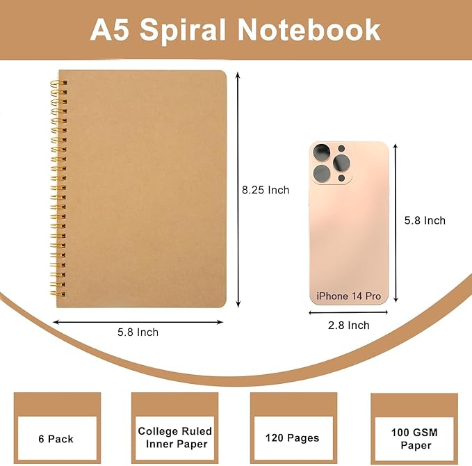 Ruled Spiral Notebook - 6 Pack Lined Notebooks for Work School - A5 Journals Bulk, Soft Cover Travel Journal Spiral for Writing Drawing, 8.2" X 5.8", 60 Sheets/120 Pages-DeskLoop Office