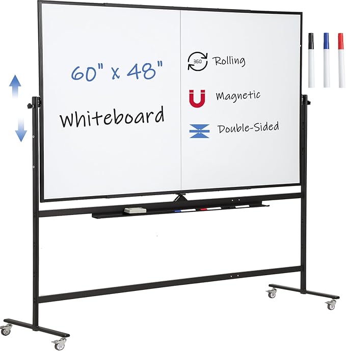 Large Magnetic Mobile Whiteboard 60"x48", Rolling Double Sided Stand Whiteboard on Wheels, Reversible Adjustable Height/Angle Dry Erase Board 5' x 4' Easel White Board for Office Classroom, Black-DeskLoop Office