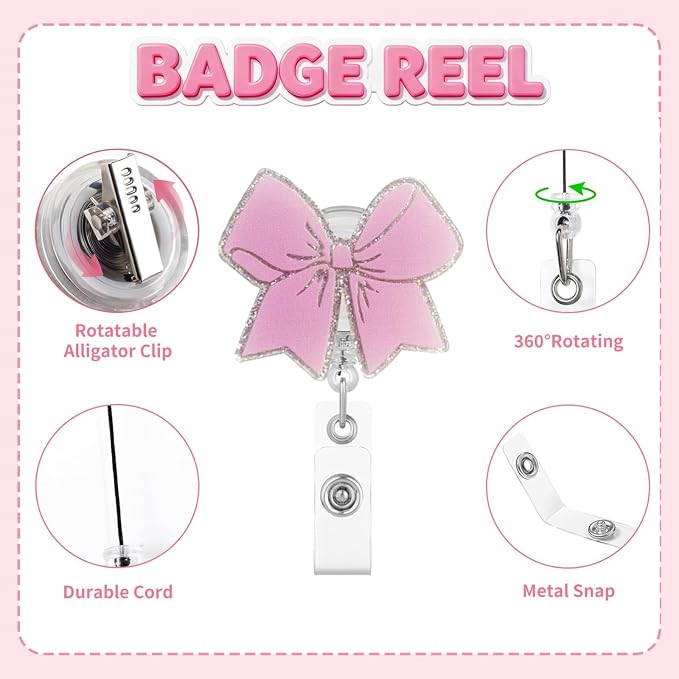 2Pcs Pink Bow Badge Reel Retractable Cute Badge Reels - Image 4