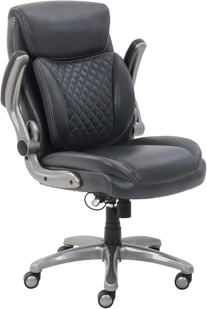 Amazon Basics Ergonomic Executive Office Desk Chair with Lumbar Support, Flip-up Armrests, Adjustable Height, Grey Leather-DeskLoop Office