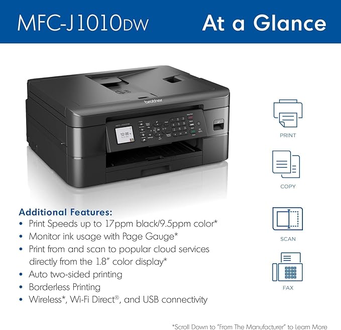 Brother MFC-J1010DW Wireless Color Inkjet All-in-One Printer with Mobile Device and Duplex Printing, Refresh Subscription and Amazon Dash Replenishment Ready (Renewed Premium)-DeskLoop Office