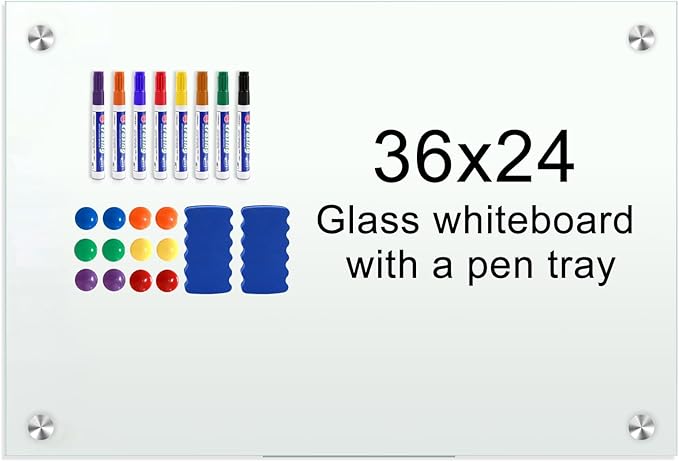 H-Qprobd Glass Whiteboard 36"x24" Magnetic Dry Erase White Board for Wall, Includes 12 Magnets, 8 Markers and 2 Erasers-DeskLoop Office