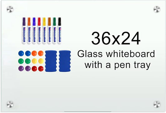 H-Qprobd Glass Whiteboard 36"x24" Magnetic Dry Erase White Board for Wall, Includes 12 Magnets, 8 Markers and 2 Erasers-DeskLoop Office