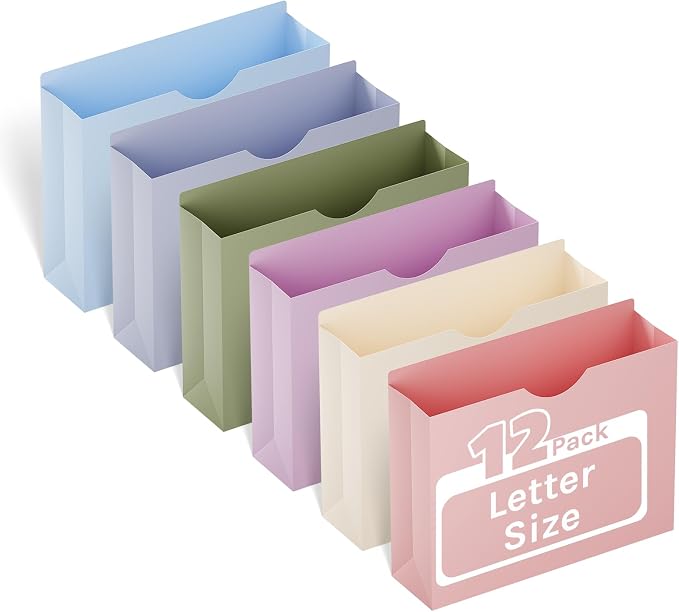 ANSOOK Plastic Manila File Folders Letter Size, 12 Pack Expanding File Jackets by Ansook
