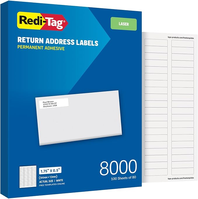 Redi-Tag 0.5" x 1.75" Address Labels, 8000 per Pack, Laser Printer Labels by Redi-Tag