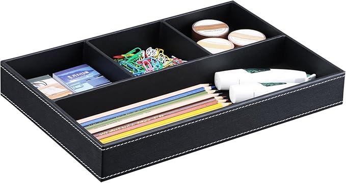 KINGFOM Pu Leather Desk Organizer Tray, 4 Compartment Office Storage Supplies Stationery Drawer Tray, Nightstand Bedside Tray for Key, Wallet, Sunglass, Watch, Coin, Phone Valet Tray Stackable Black-DeskLoop Office
