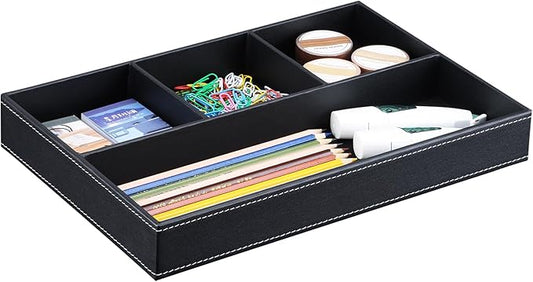 KINGFOM Pu Leather Desk Organizer Tray, 4 Compartment Office Storage Supplies Stationery Drawer Tray, Nightstand Bedside Tray for Key, Wallet, Sunglass, Watch, Coin, Phone Valet Tray Stackable Black-DeskLoop Office