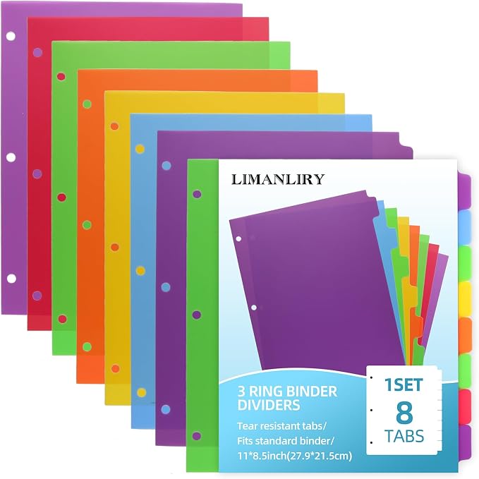 Colorful Binder Dividers with Tabs, Plastic Index with 8-Tabs, by LIMANLIRY