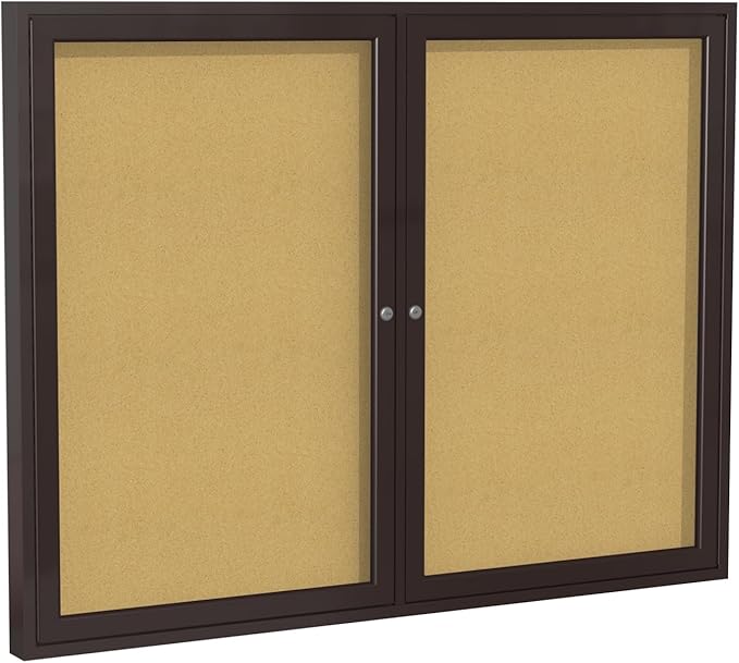 Ghent 36"x60" 2-Door indoor Enclosed Bulletin Board , Shatter Resistant, with Lock, Bronze Aluminum Frame - Natural Cork (PB23660K) Made in the USA-DeskLoop Office