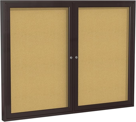 Ghent 36"x60" 2-Door indoor Enclosed Bulletin Board , Shatter Resistant, with Lock, Bronze Aluminum Frame - Natural Cork (PB23660K) Made in the USA-DeskLoop Office