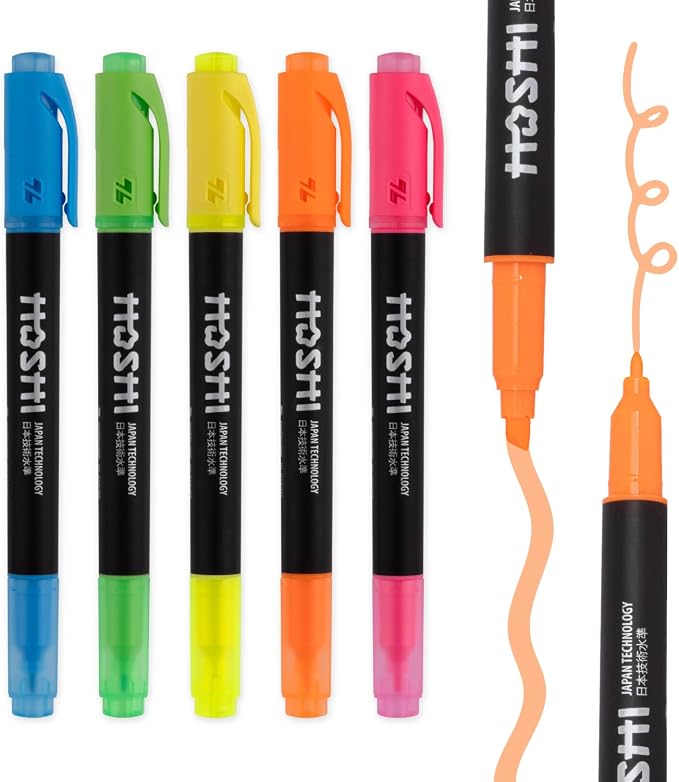 Hoshi 5PCs Premium Fluorescent Dual Tip Highlighters, High Ink Capacity by ThienLong