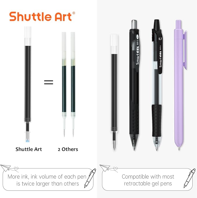 Retractable Gel Pen Refills, Shuttle Art 60 Pack Black Rollerball Gel Ink Pens - Image 3