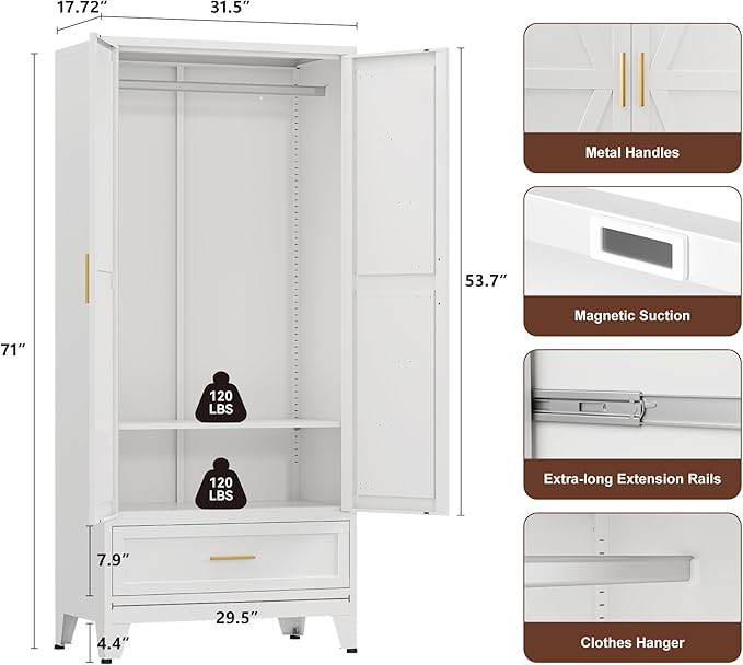 Farmhouse Wardrobe Cabinet with One Drawers,Metal Wardrobe Closet with Hanging Rod,Metal Armoire with Adjustable Shelves for Bedroom,Living Room, Cloak Room,Office (White)-DeskLoop Office