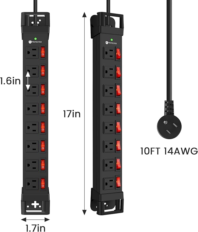 Heavy Duty Power Strip with Individual Switches,8 Outlets 14 Gauge Industrial Shop Garage Metal Multiple Outlets,1200J Surge Protector Mountable Power Strip,10FT Extension Cord Management(Black)-DeskLoop Office