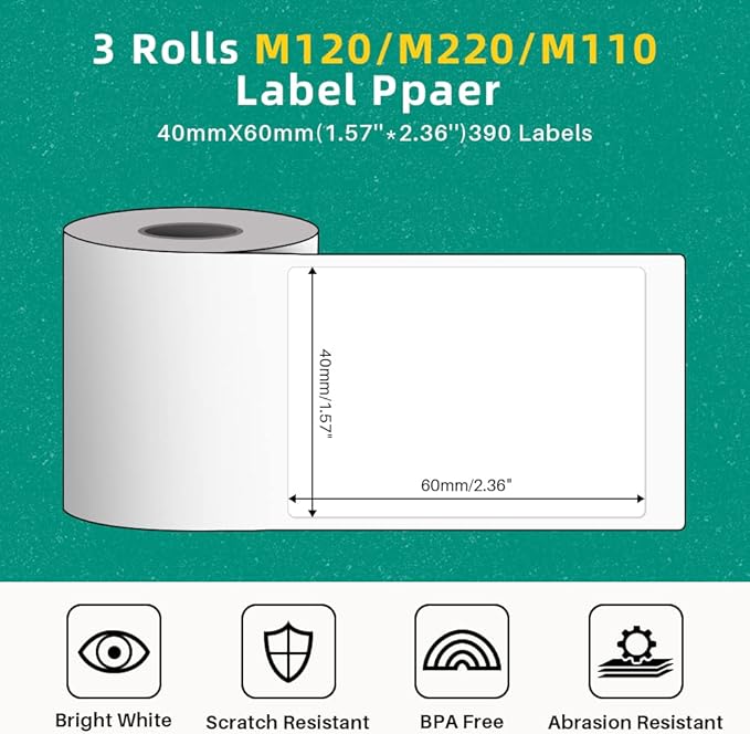 Phomemo 3 Rolls M110/M220/M110/M108/M250/M120/M150/M260/M221/M200 Thermal Label Paper 1.57'' x 2.36'' (40x60mm), Square Self-Adhesive Barcode&Address Label,130 Pcs/Roll, Black on White-DeskLoop Office