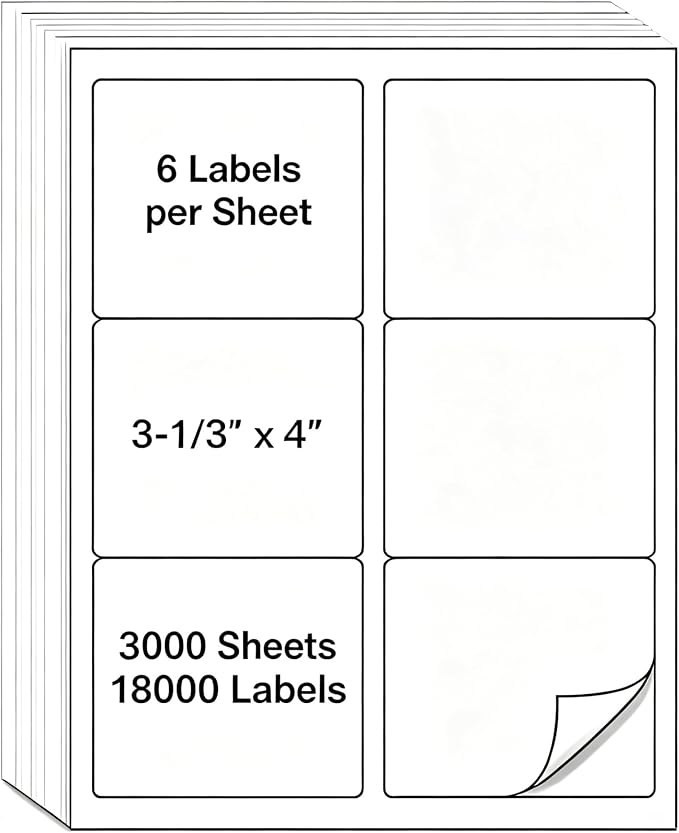 MPRT 3000 Sheets 3-1/3" x 4" Shipping Address Labels Printable Label Stickers by Unknown