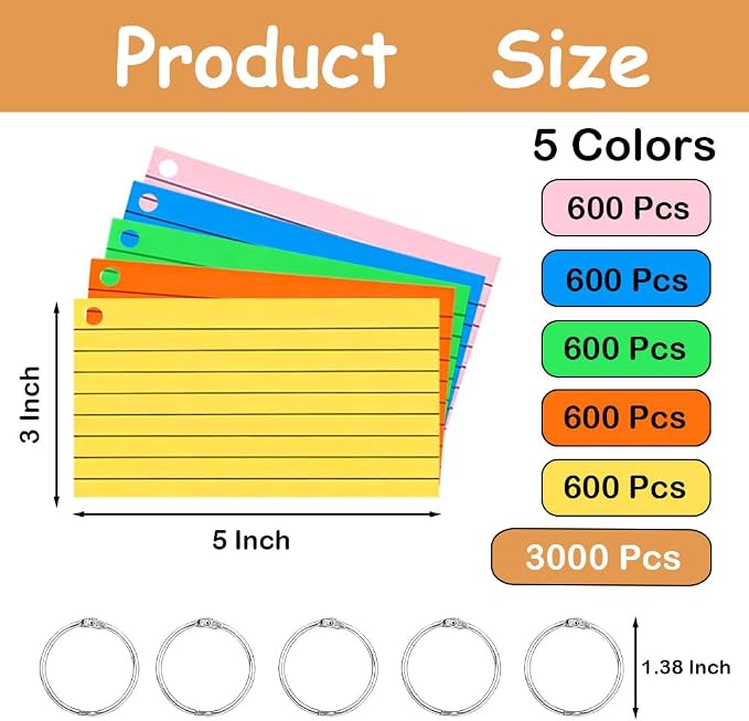 3000 Pcs Index Cards Bulk with Rings, 3x5 Inch Flash Cards with Holder - Image 2