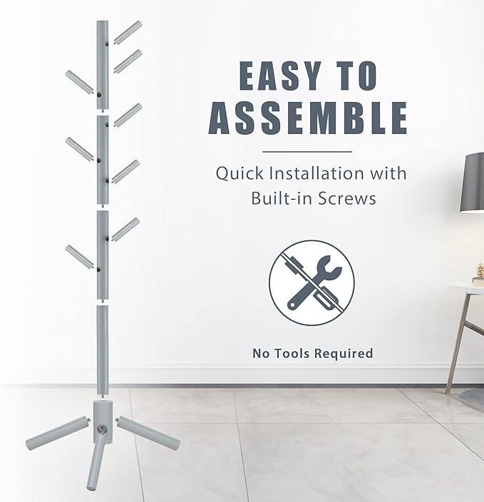 Haddockway Wooden Coat Rack Stand with 8 Hooks New Zealand Pine 3 Adjustable Coat Standing Tree Easy Assembly for Coats, Hats, Scarves and Handbags for Entryway, Hallway, Bedroom, Office-DeskLoop Office