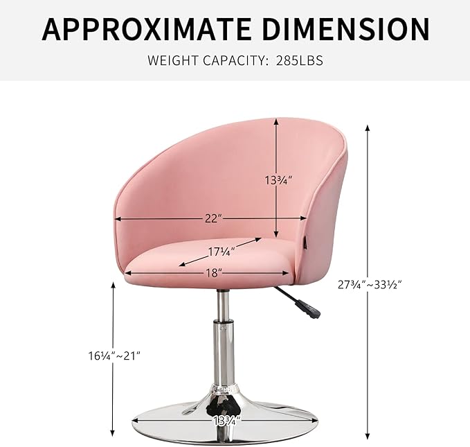 Furnimart Velvet Vanity Chair with Chrome Frame, Height Adjustable & Swivel, Pink - Living Room, Bedroom, Office-DeskLoop Office