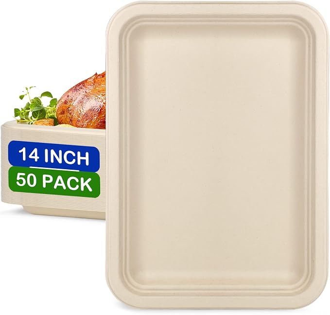 14 inch Large Paper Plates, 50 Pack Disposable Trays, 100% Compostable Paper by EcoAvanceOvalPaperPlates