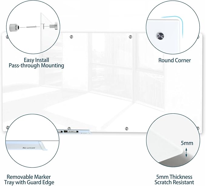 J&J worldwide Glass Whiteboard, Magnetic Brilliance White Glass Dry Erase Board 8' x 4', Includes Markers, Marker Tray, Eraser for Wall, Office, Home, School-DeskLoop Office