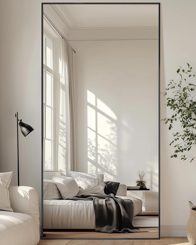 Full-Length Floor Mirror with Stand, 76"x34" Rectangle Style Full Body Standing Mirror for Bedroom, Living Room, Gym, Dorm - Shatter-Resistant & Easy Assembly, Black-DeskLoop Office