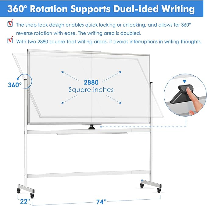 Double Sided Rolling Whiteboard, 72 x 40 Large White Board - Image 2