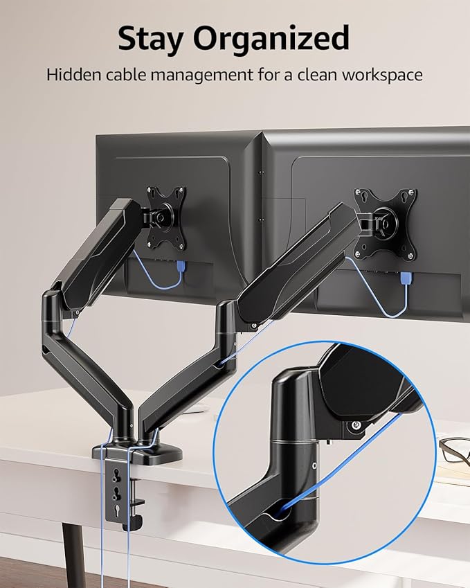 MOUNTUP Dual Monitor Stand for Desk, Pneumatic Monitor Arms for 2 Monitors Max 32 Inches, Height Adjustable Double Monitor Mount, VESA Mounts with C-Clamp & Grommet Base, Holds 4.4-17.6lbs, Black-DeskLoop Office
