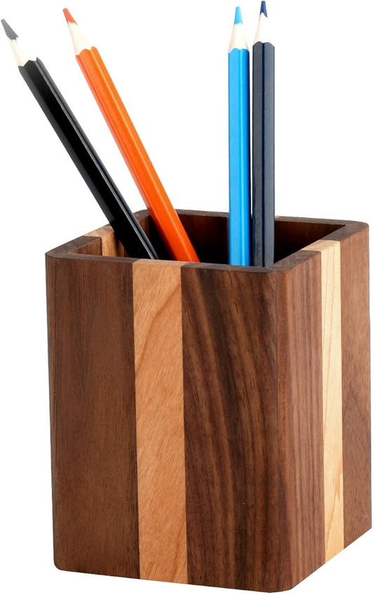 Walnut Pencil Holder Wood Pen Holder For Desk Pen Cup Organizer Ofiice Pencil Stand Simple(Cherry center walnut side)-DeskLoop Office