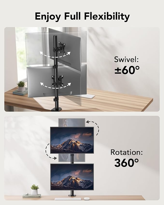 HUANUO Vertical Dual Monitor Mount, Stacked Monitor Stand for 2 Monitors with Height Adjustment Computer Monitor Arm Supports Two 17 to 32 Inch with C Clamp Each Desk Mount Hold up to 17.6lbs-DeskLoop Office