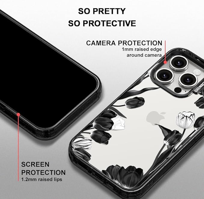 MOSNOVO Case for iPhone 15 Pro, [10ft 4X Military-Grade Drop Protection] Durable & Shockproof Phone Case Cover Design for iPhone 15 Pro - Black White Tulips - Clear Black-DeskLoop Office