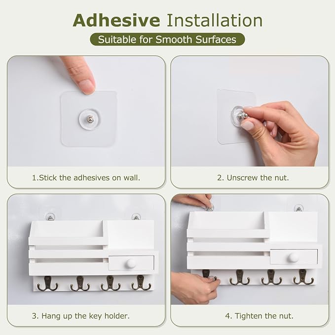 Key Holder Wall Mount, Wooden Adhesive Mail and Key Organizer - Image 7