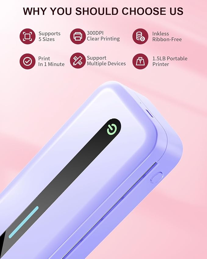 COLORWING Portable Printers Wireless for Travel, 300DPI Mini Compact Inkless Printer, Thermal Bluetooth Printer Compatible with Android and iOS Smartphone & Tablet & Laptop - Purple-DeskLoop Office