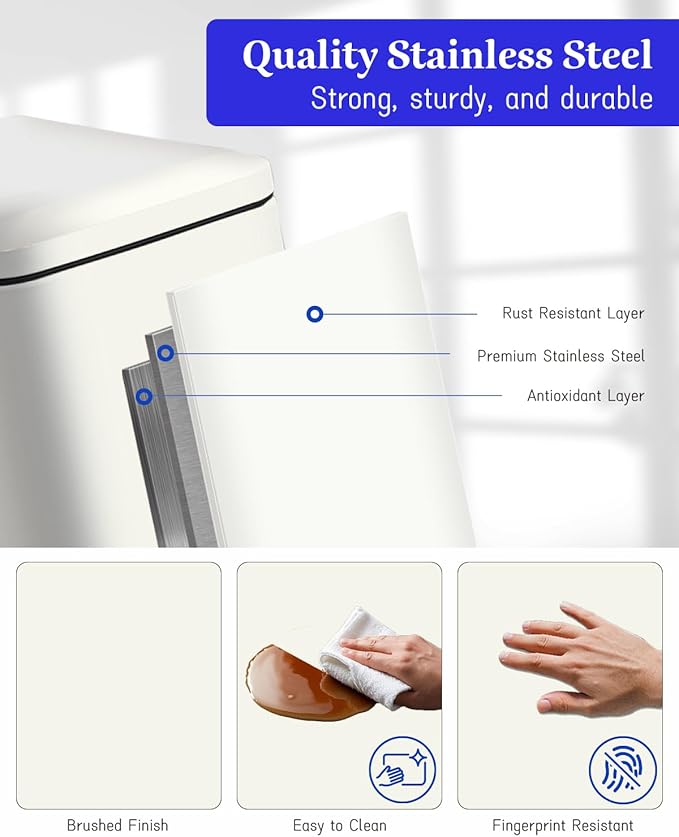 Trash Can with Lid, 10 L Bathroom Waste Bin, Small Pedal Bin, Stainless Steel Garbage Can for Bathroom, Bedroom and Office, White